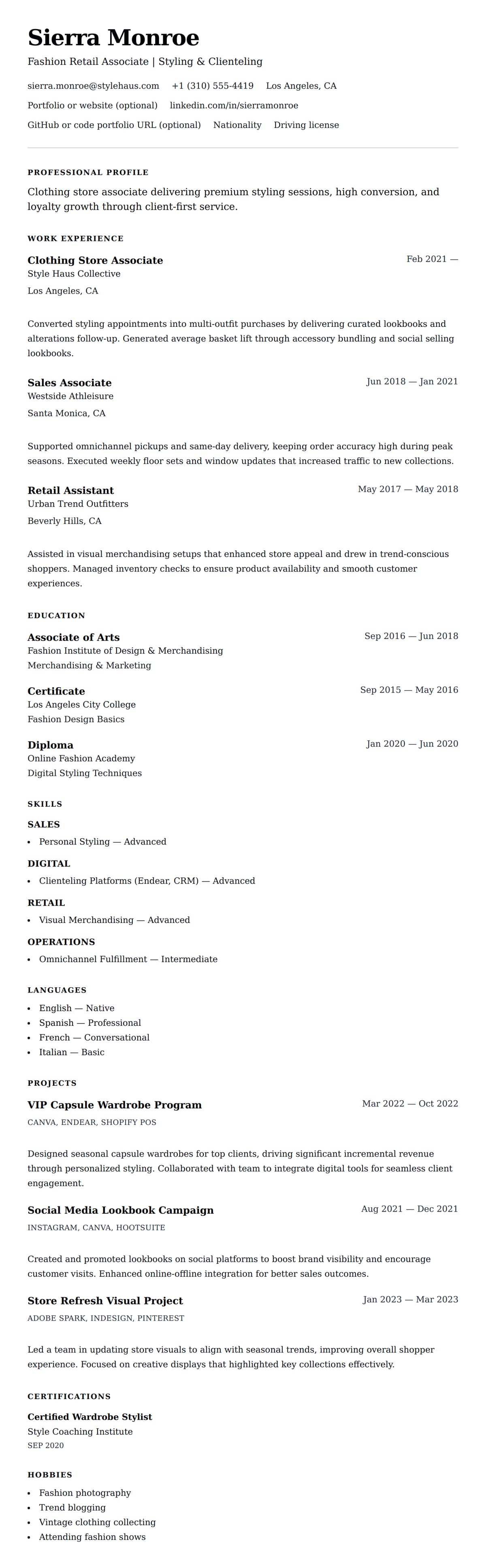 Resume preview for Clothing Store Associate Resume Example