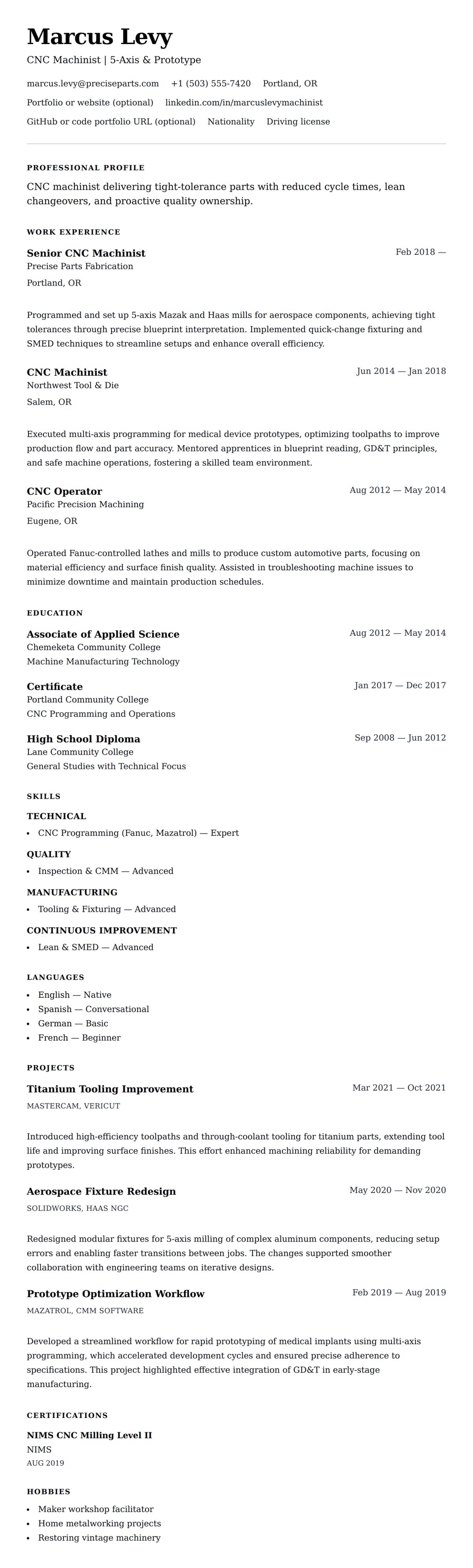Resume preview for CNC Machinist Resume Example