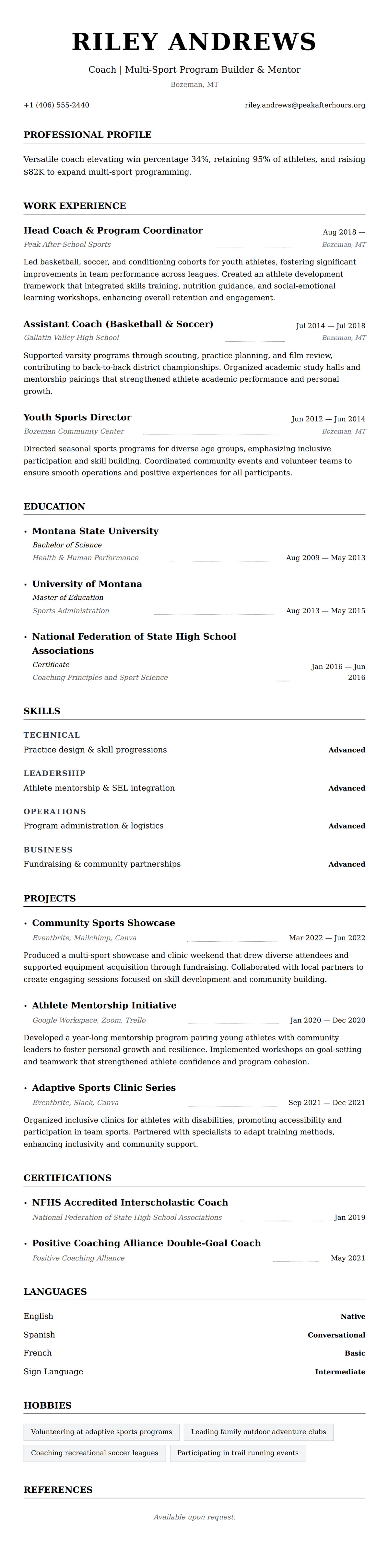 Resume preview for Coach Resume Example