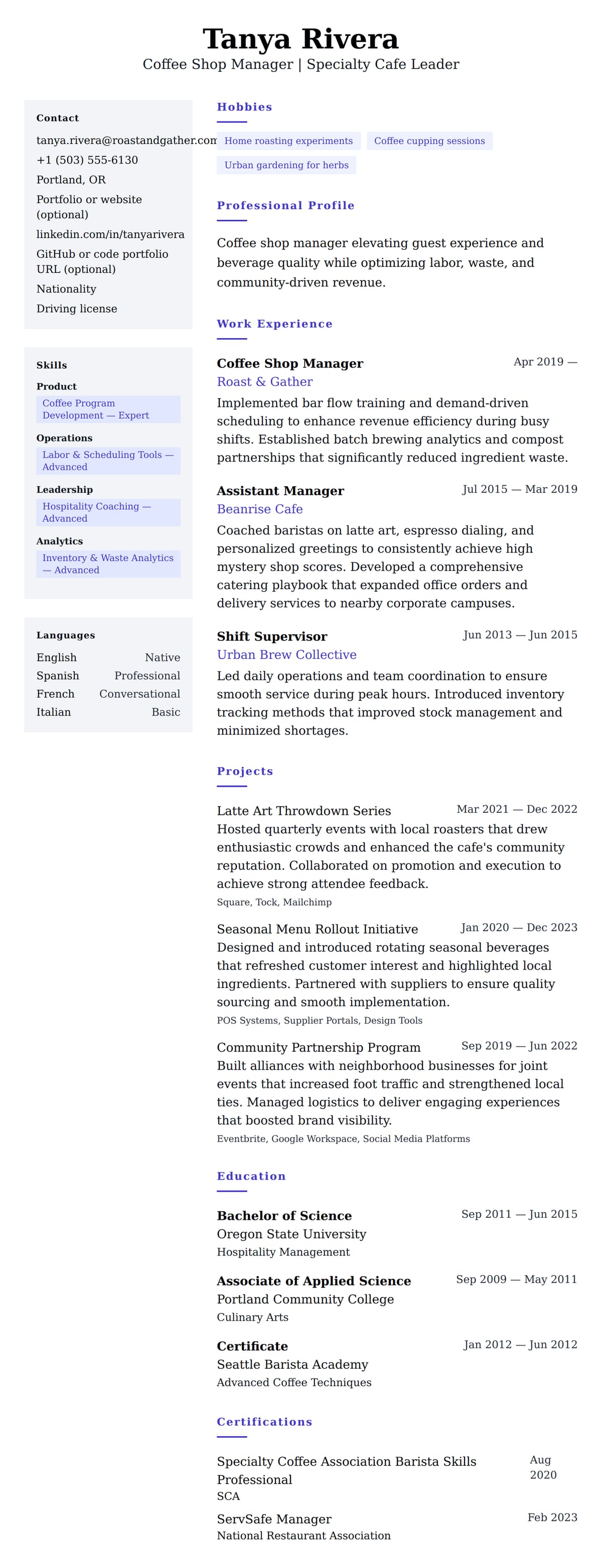Resume preview for Coffee Shop Manager Resume Example