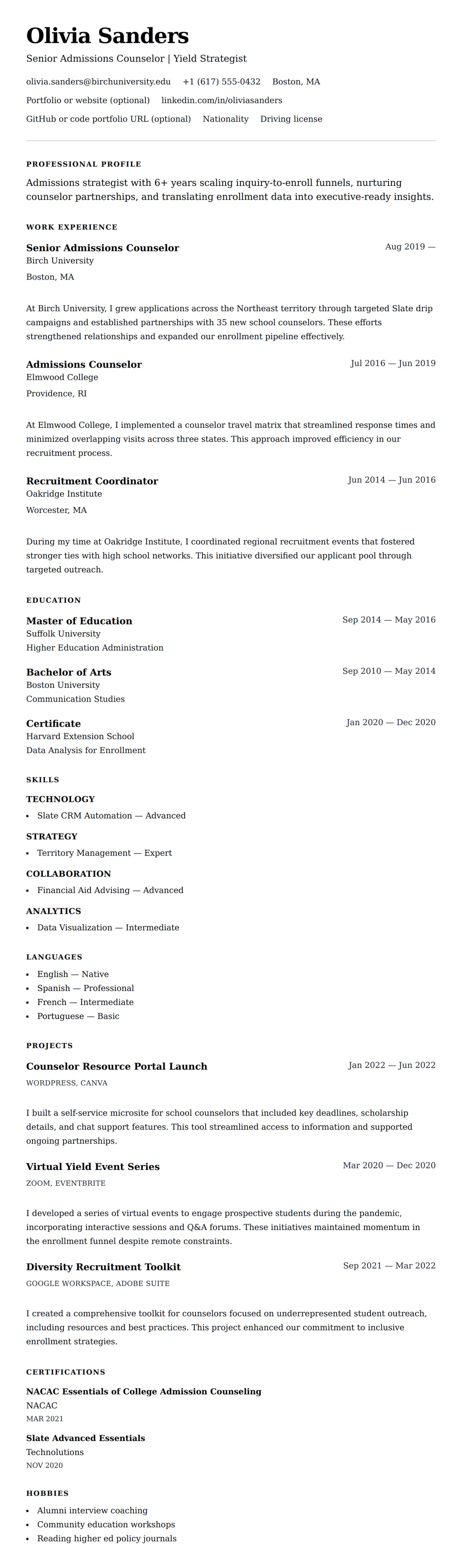 Resume preview for College Admissions Counselor Resume Example