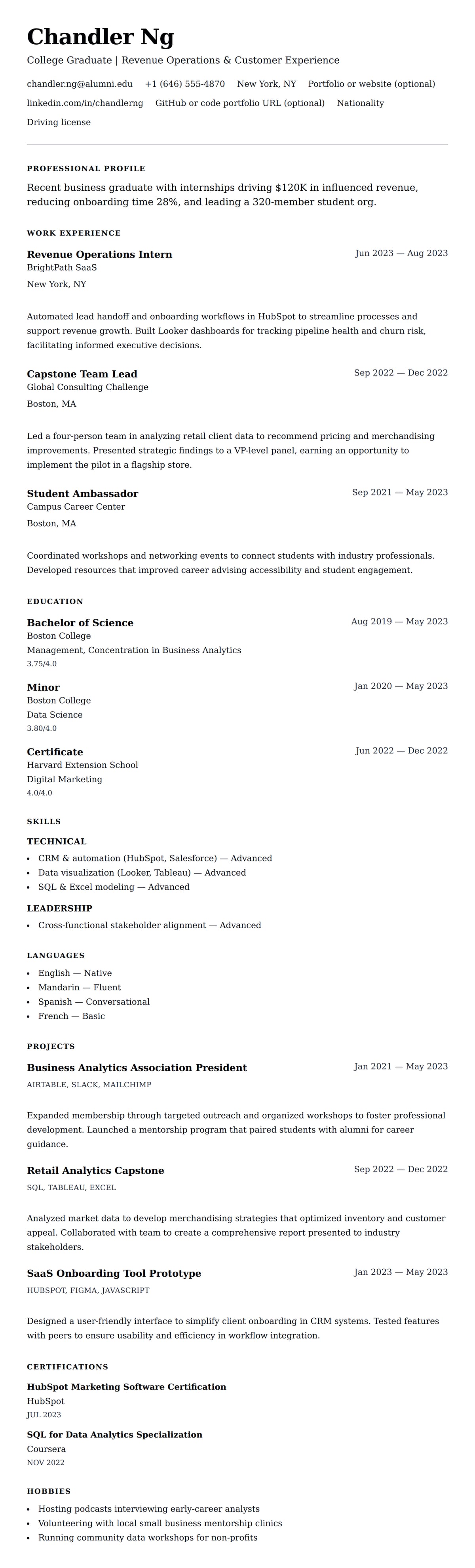 Resume preview for College Graduate Resume Example