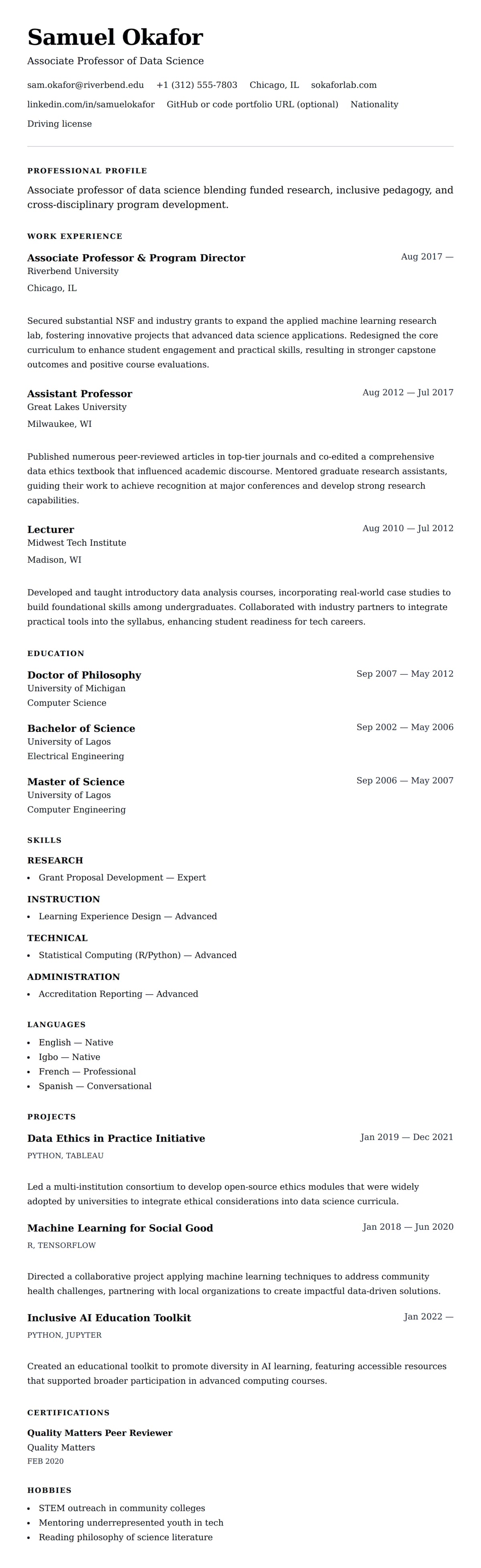Resume preview for College Professor Resume Example