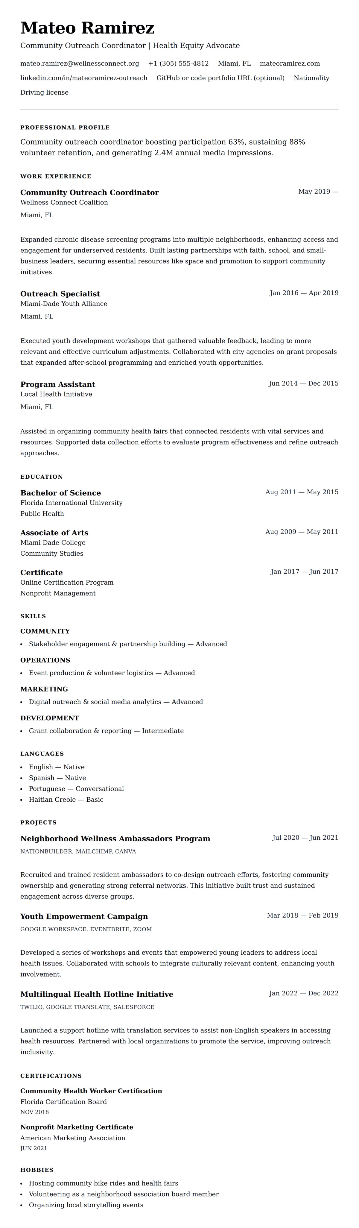 Resume preview for Community Outreach Coordinator Resume Example