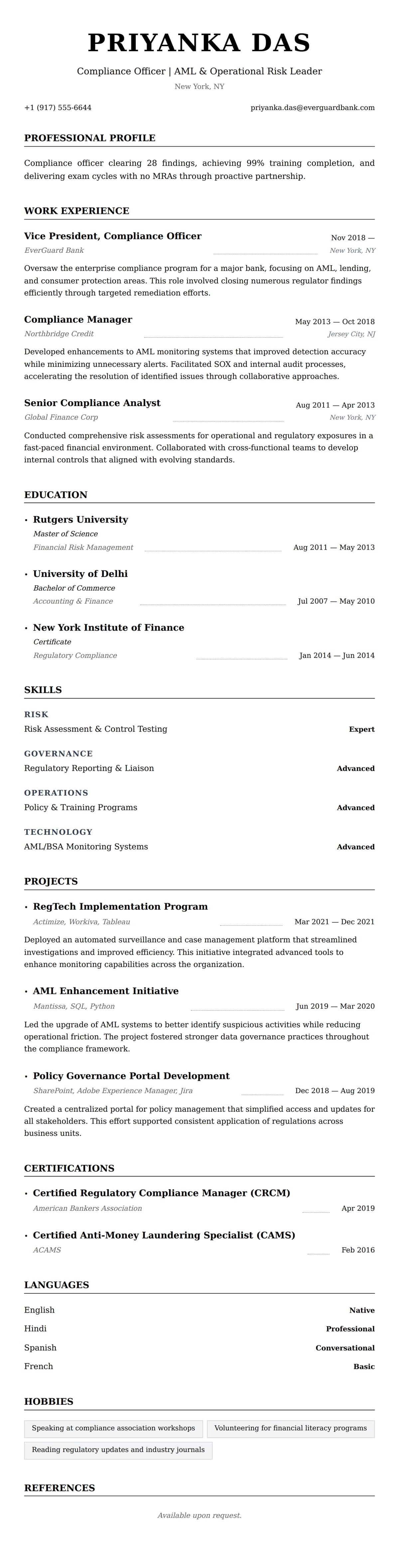 Resume preview for Compliance Officer Resume Example