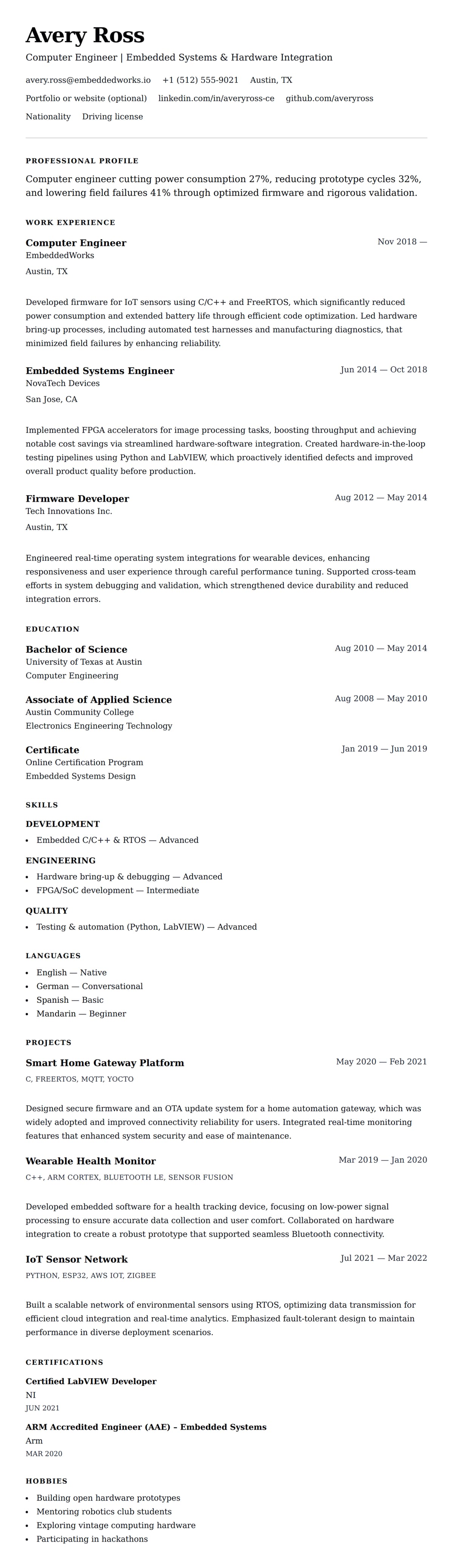 Resume preview for Computer Engineer Resume Example