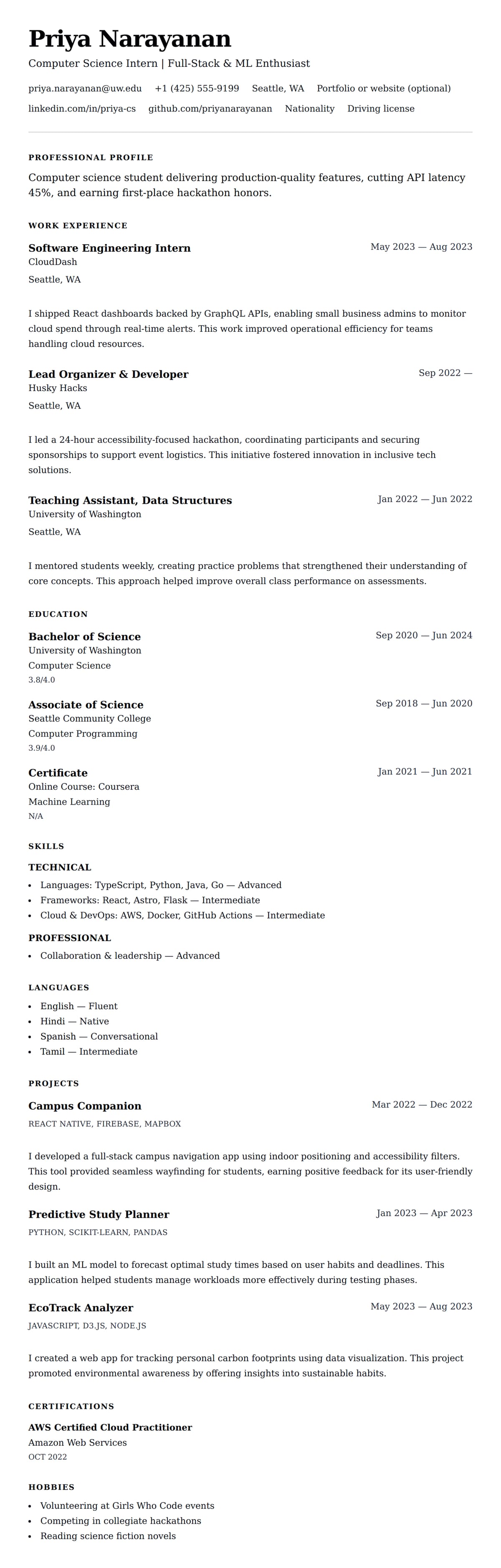 Resume preview for Computer Science Internship Resume Example