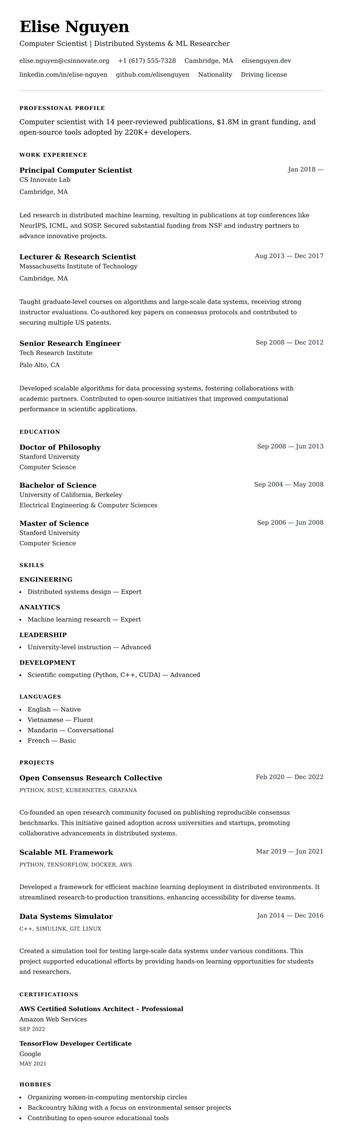 Resume preview for Computer Science Professional Resume Example
