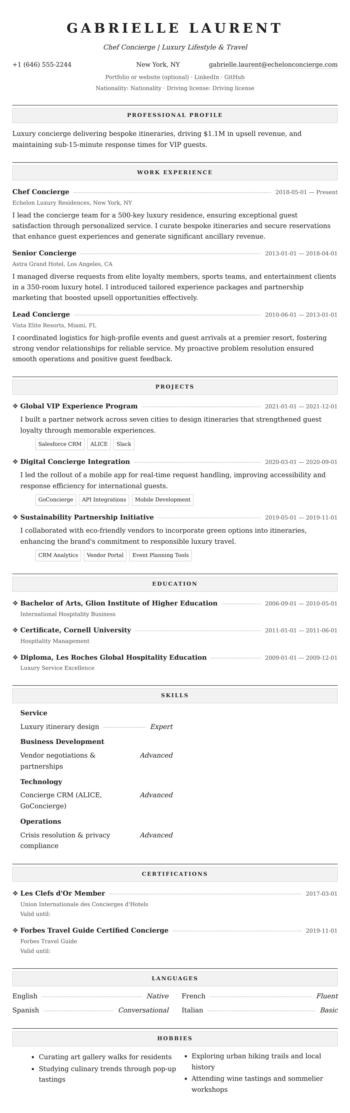 Resume preview for Concierge Resume Example
