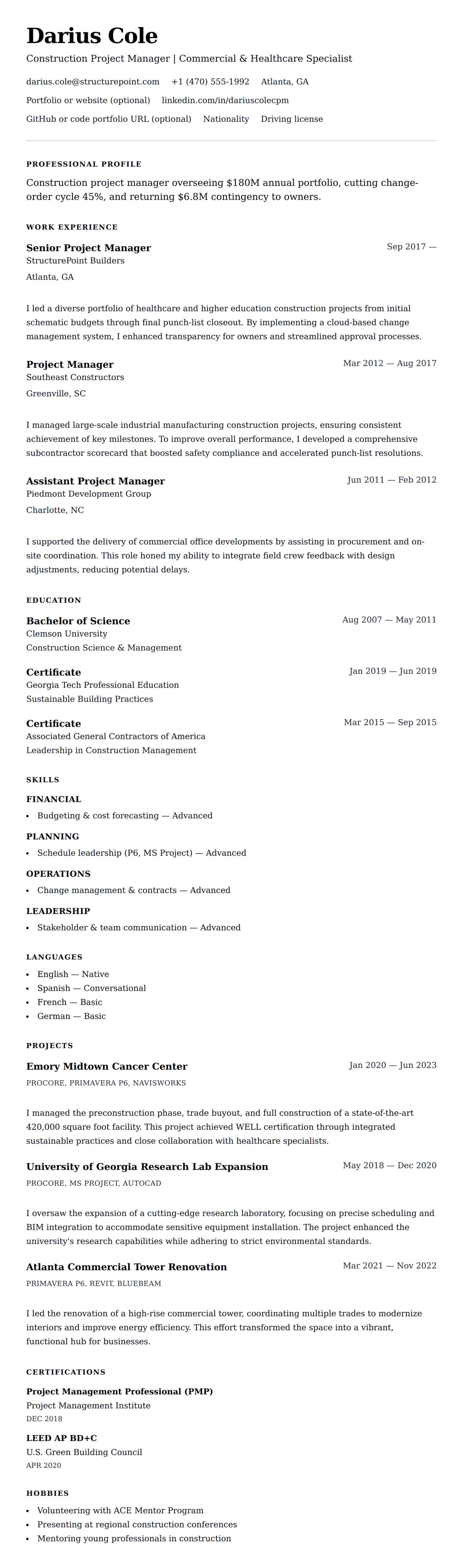 Resume preview for Construction Project Manager Resume Example
