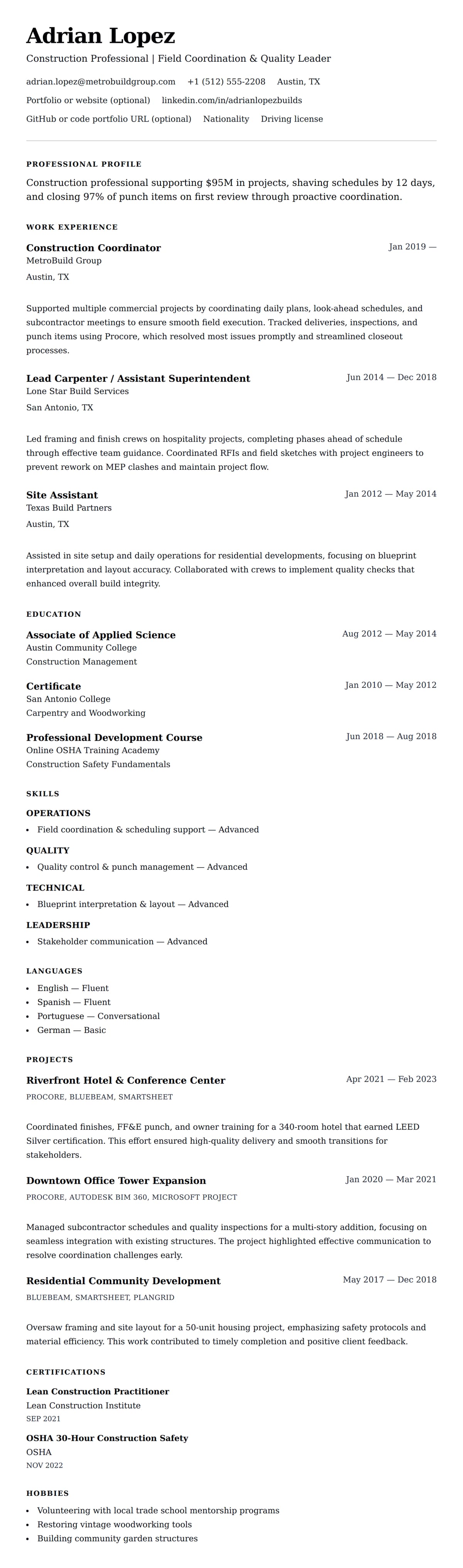 Resume preview for Construction Professional Resume Example