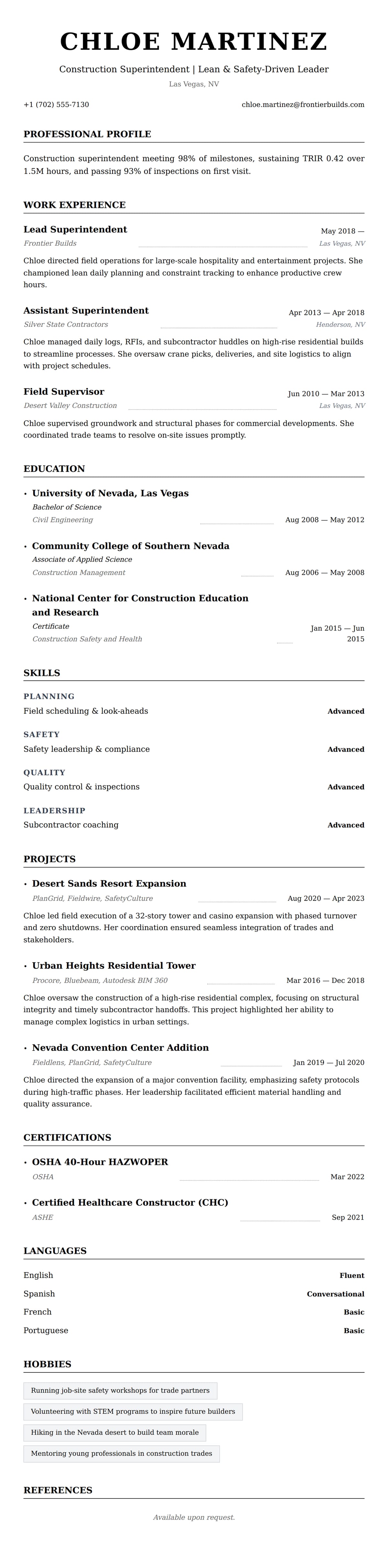 Resume preview for Construction Superintendent Resume Example
