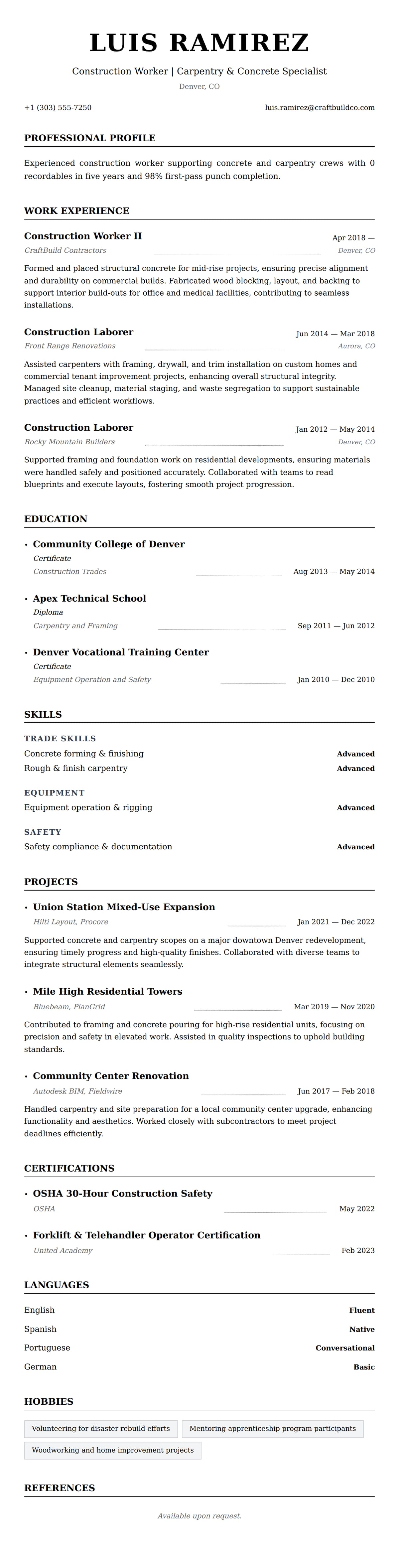 Resume preview for Construction Worker Resume Example