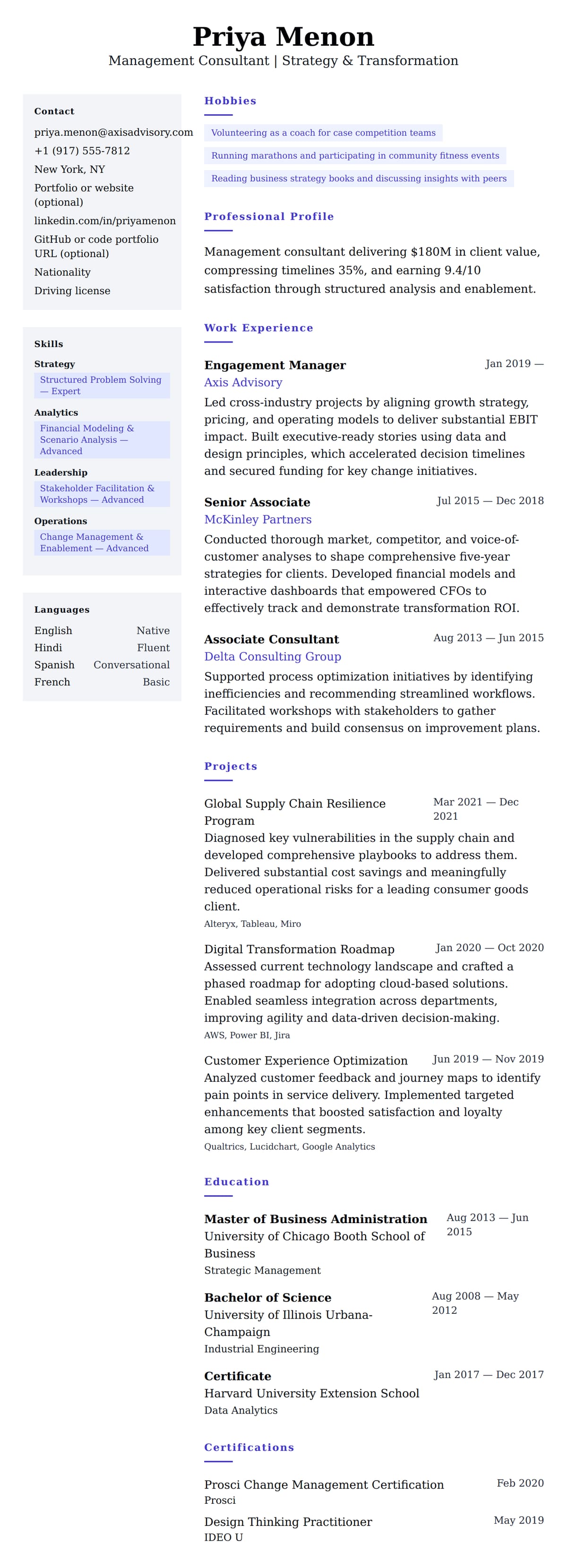 Management Consultant Resume Example