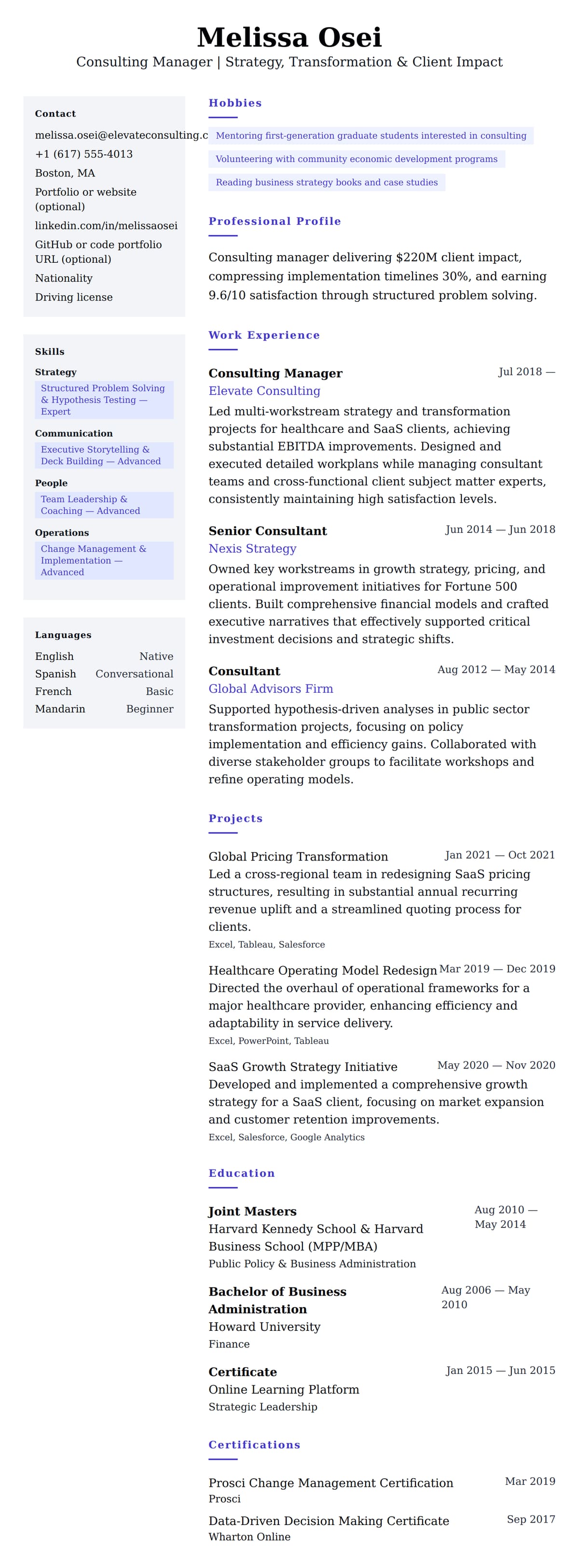 Resume preview for Consulting Manager Resume Example