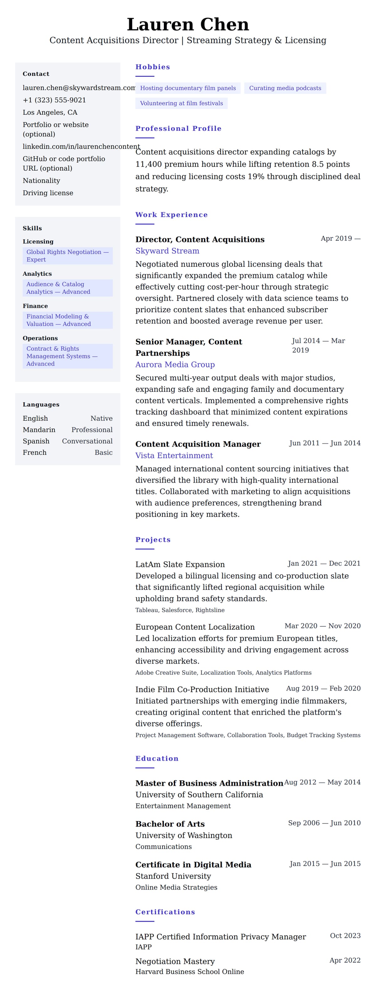 Resume preview for Content Acquisitions Director Resume Example