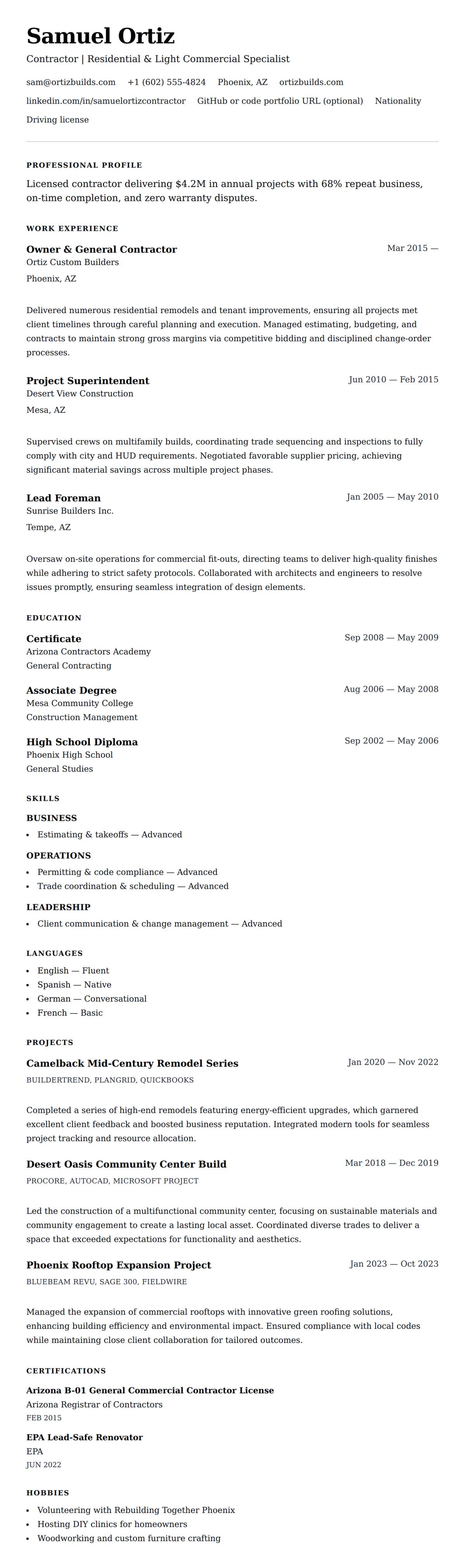 Resume preview for Contractor Resume Example