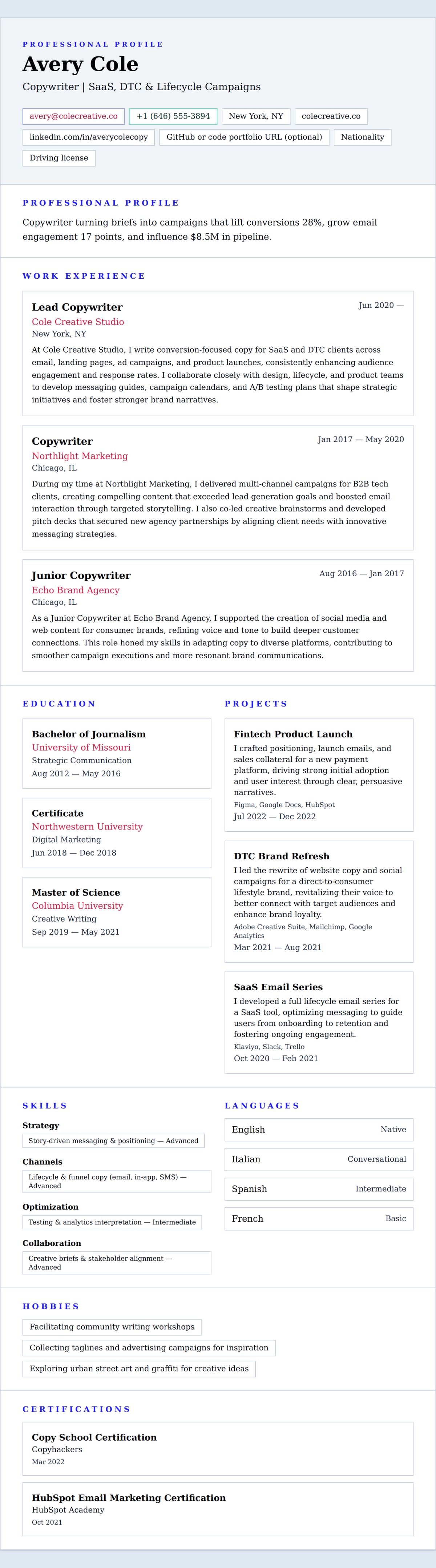 Resume preview for Copywriter Resume Example