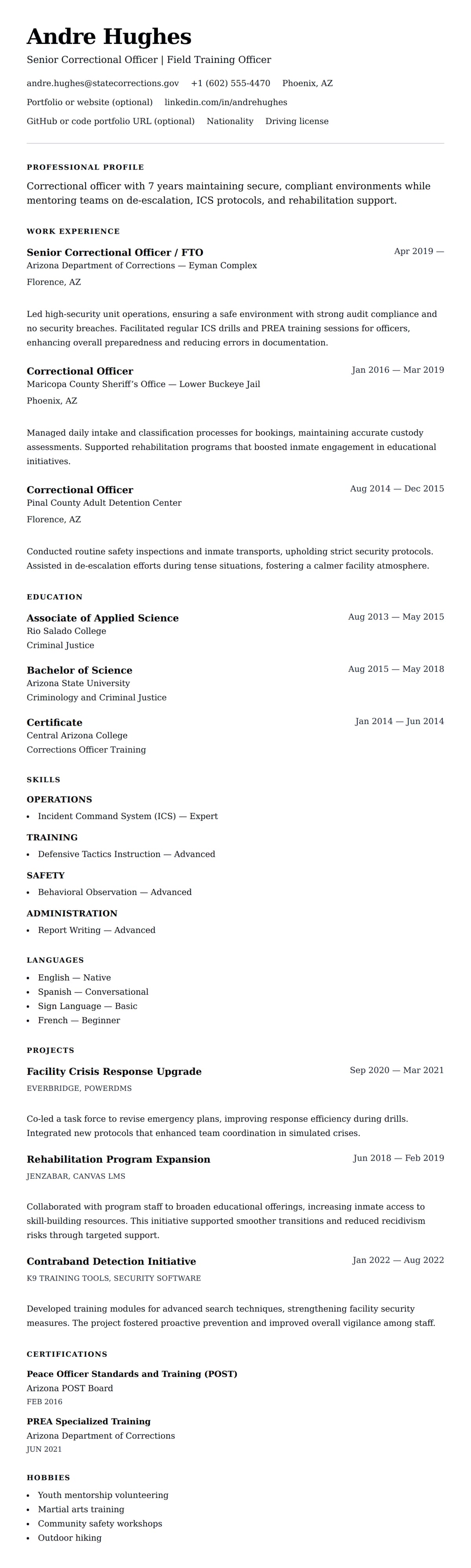 Resume preview for Correctional Officer Resume Example