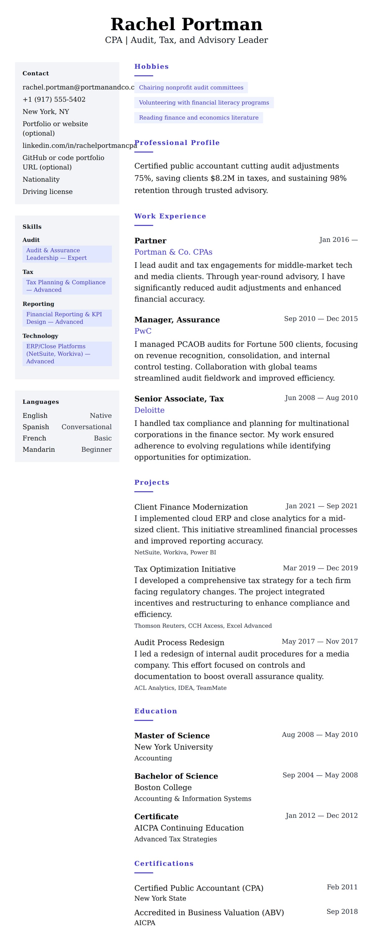 Resume preview for Certified Public Accountant Resume Example