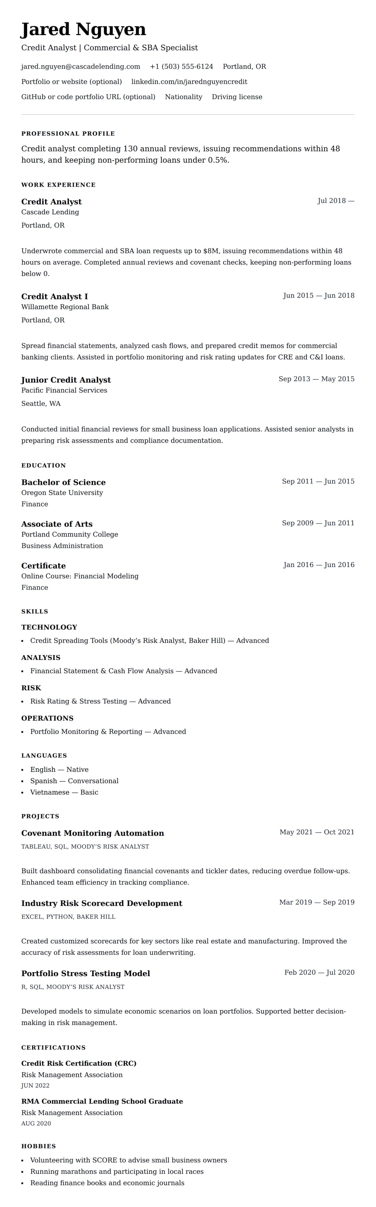 Credit Analyst Resume Example