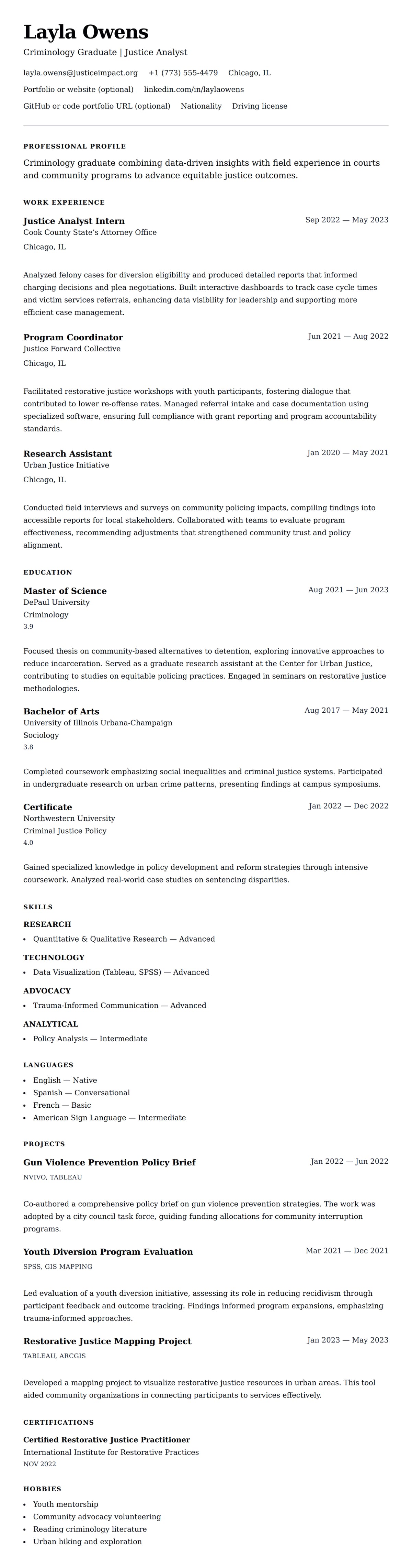 Resume preview for Criminology Graduate Resume Example