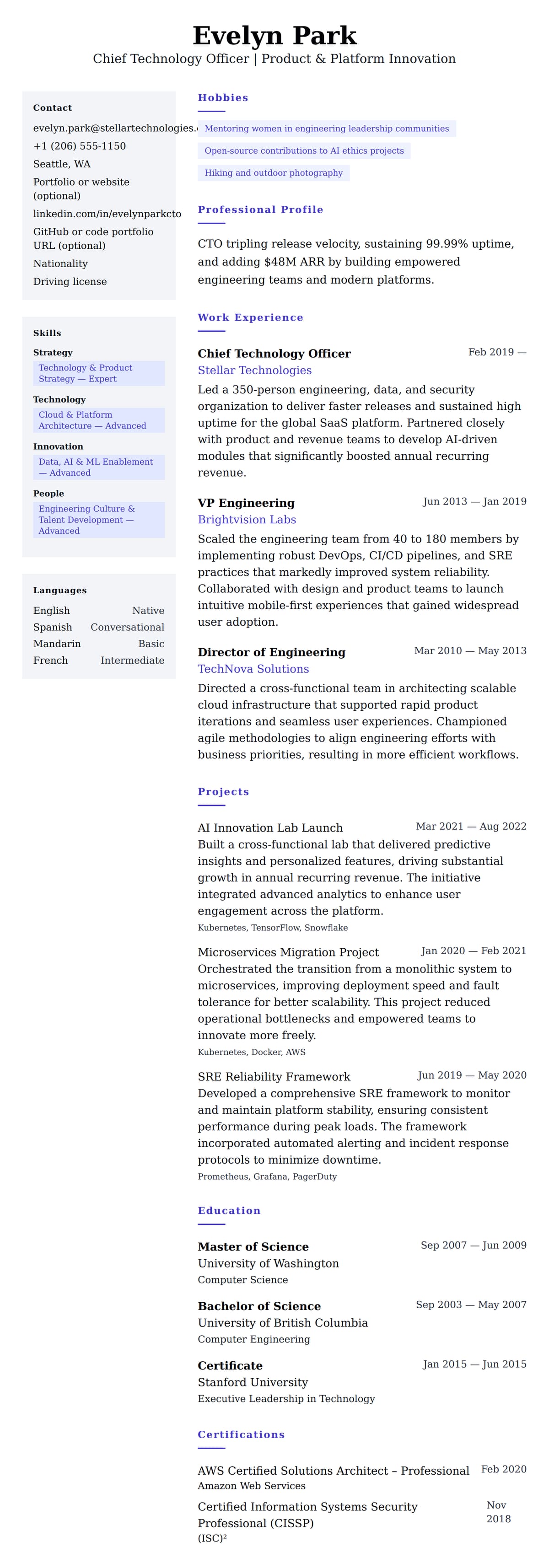 Resume preview for Chief Technology Officer Resume Example