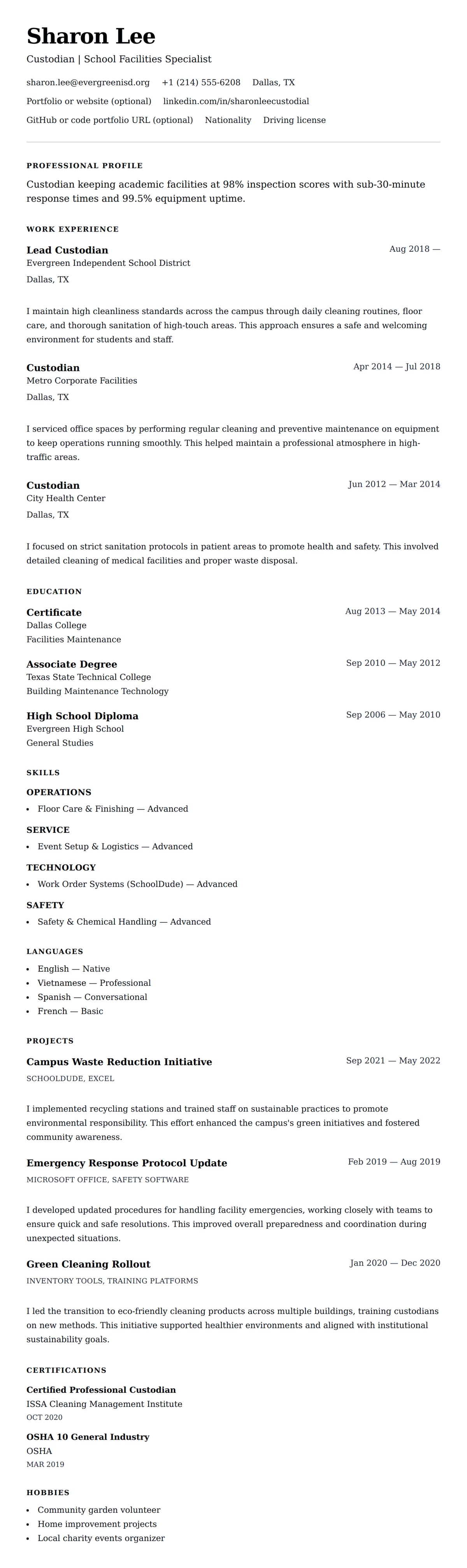 Resume preview for Custodian Resume Example