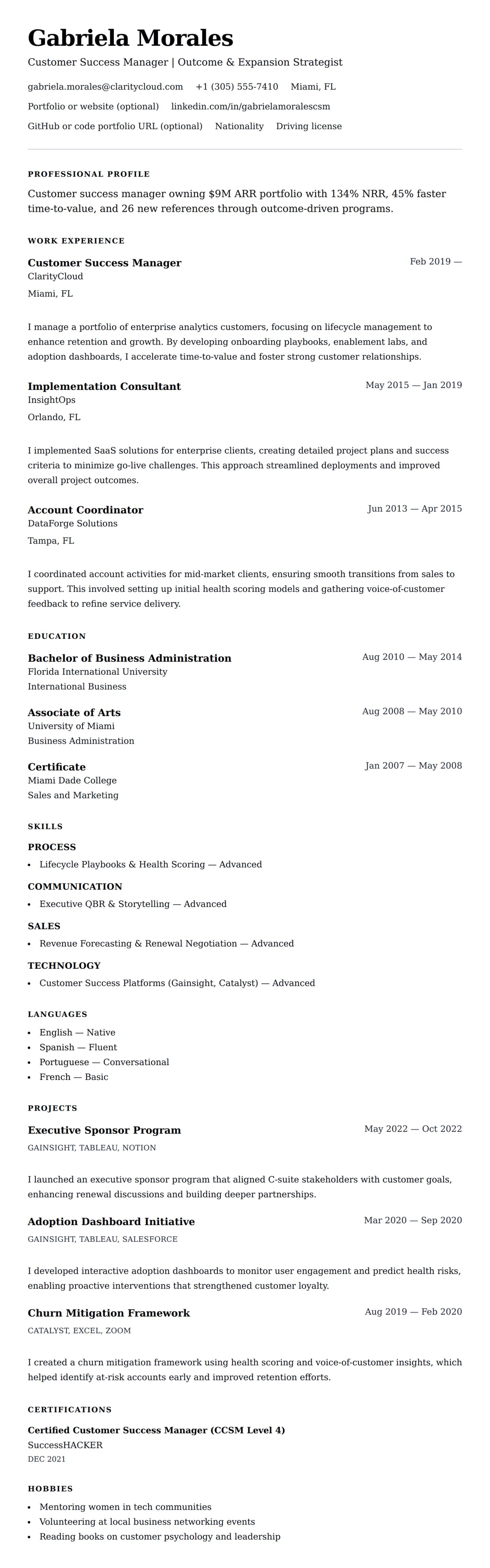 Resume preview for Customer Success Manager Resume Example