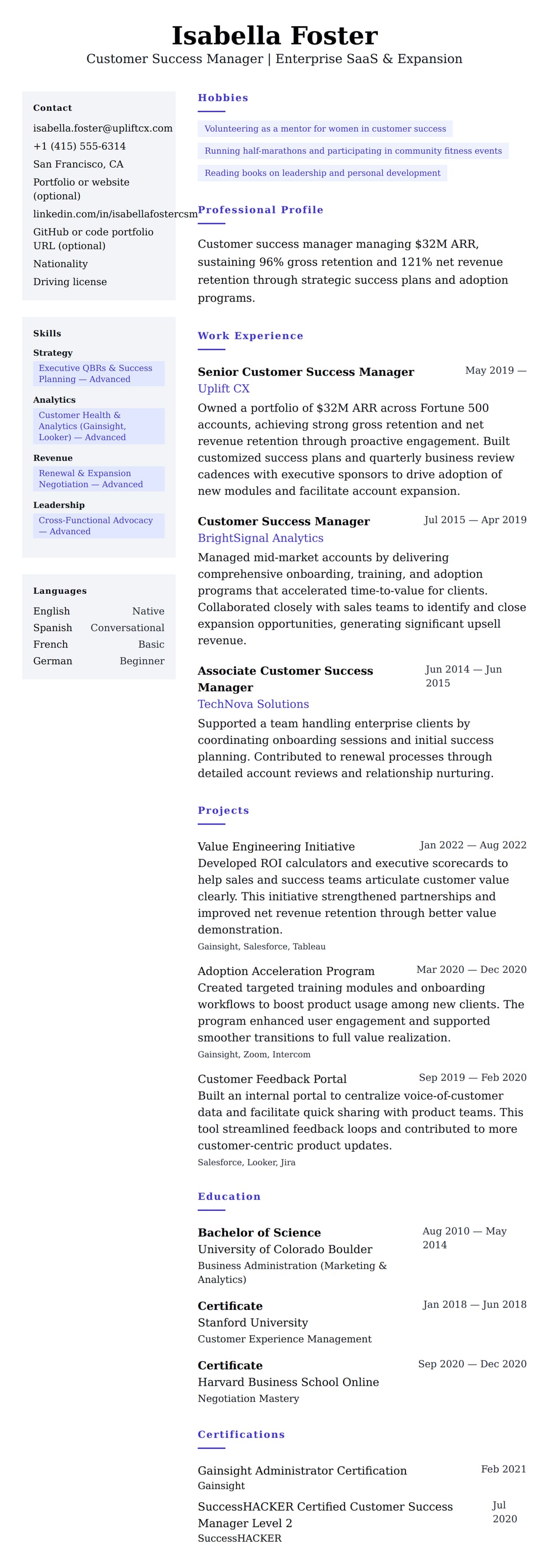 Resume preview for Customer Success Manager Resume Example