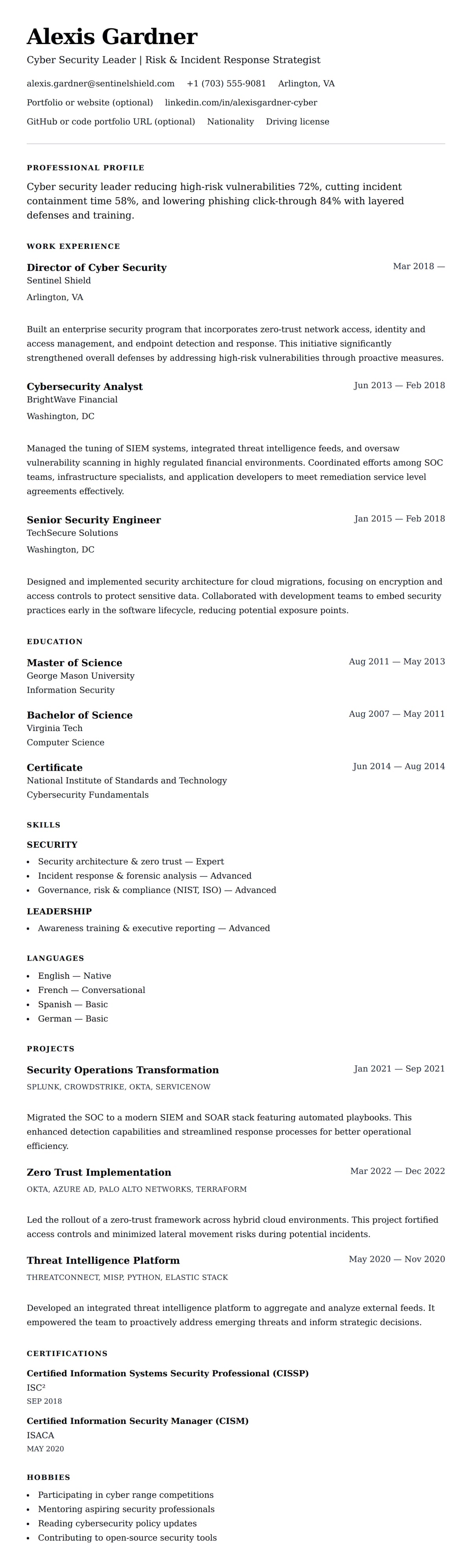 Resume preview for Cyber Security Professional Resume Example