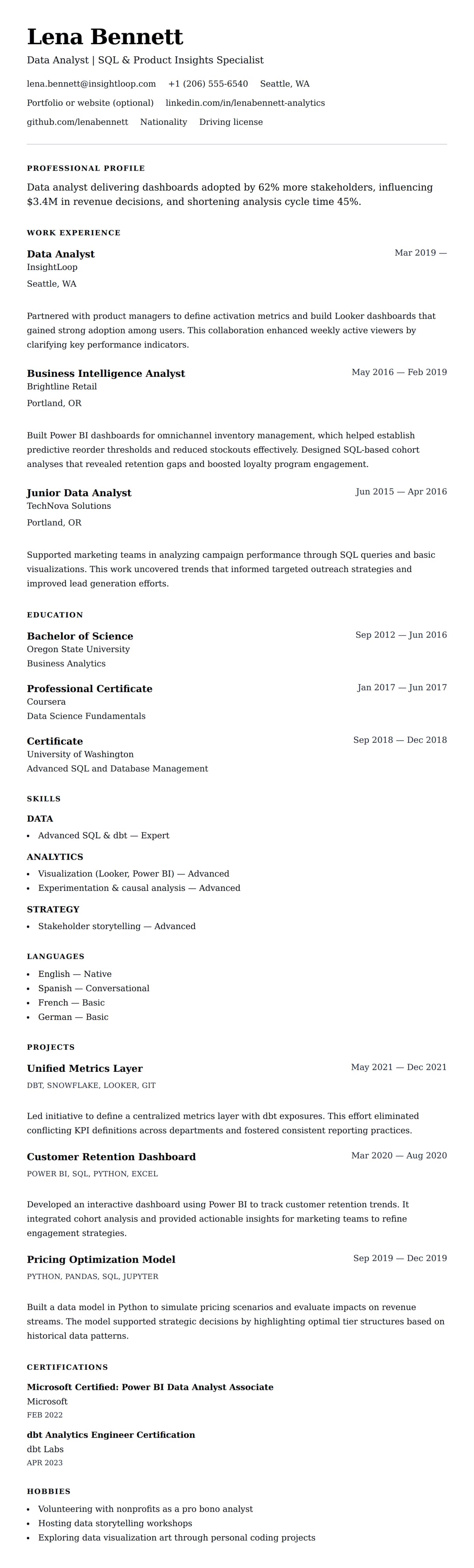 Resume preview for Data Analyst Resume Example