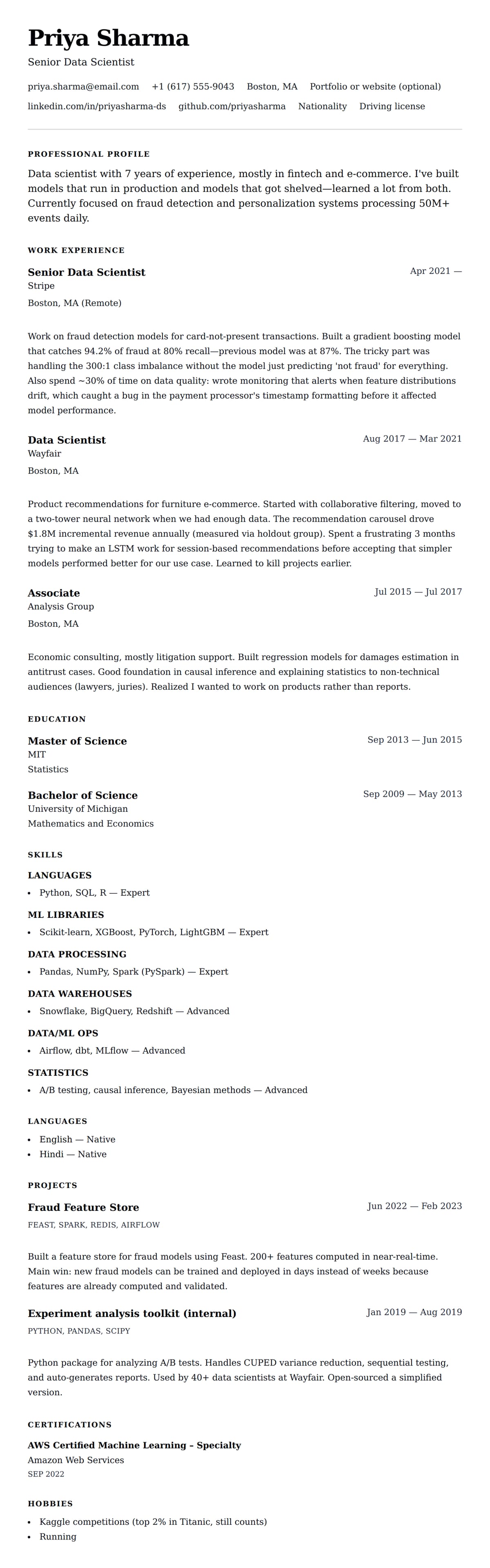 Resume preview for Data Scientist Resume Example