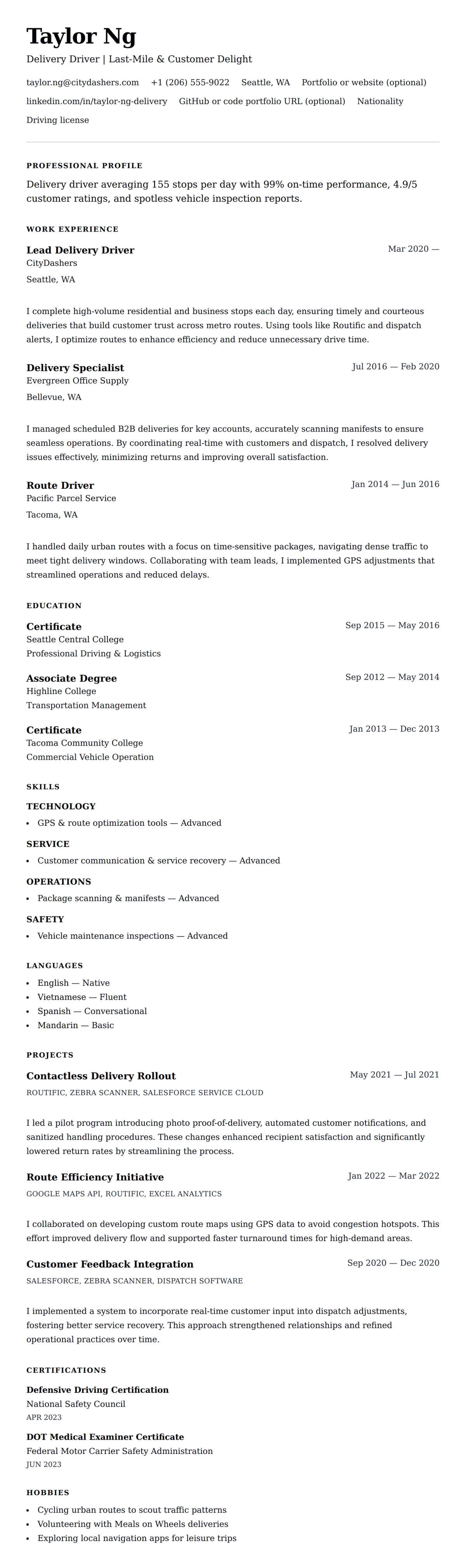 Resume preview for Delivery Driver Resume Example