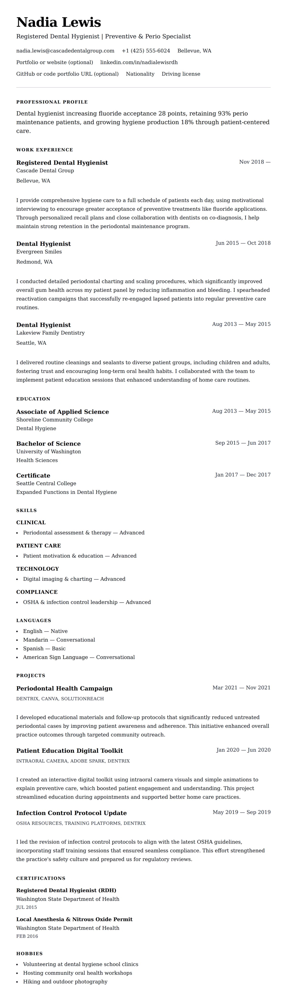Resume preview for Dental Hygienist Resume Example