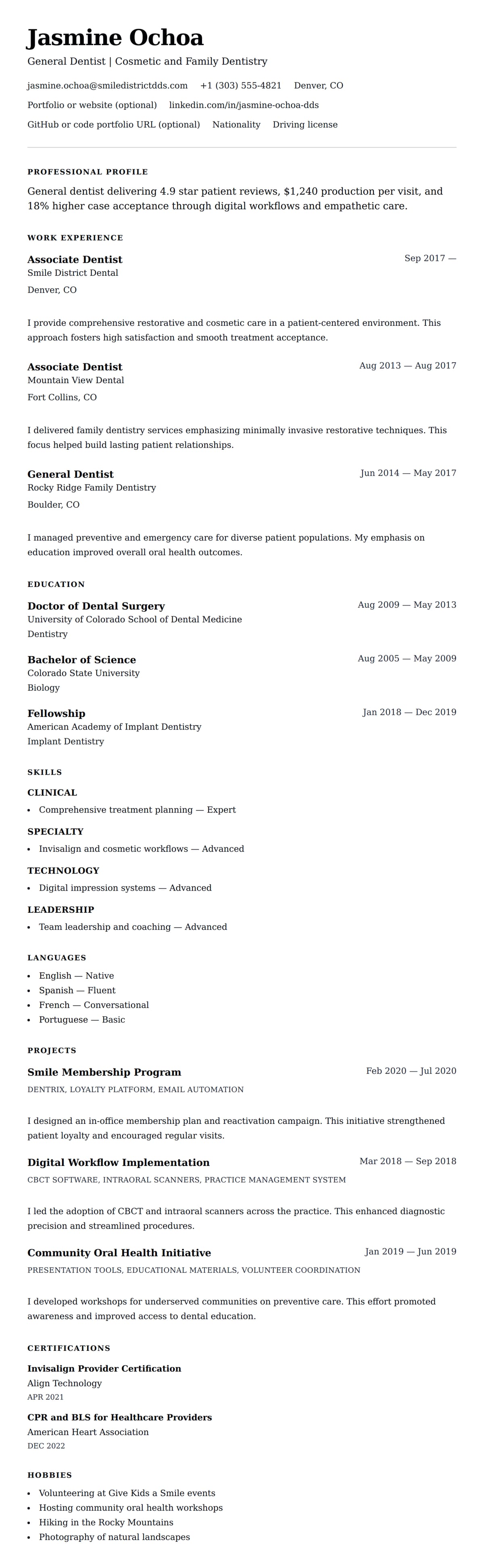 Resume preview for Dentist Resume Example