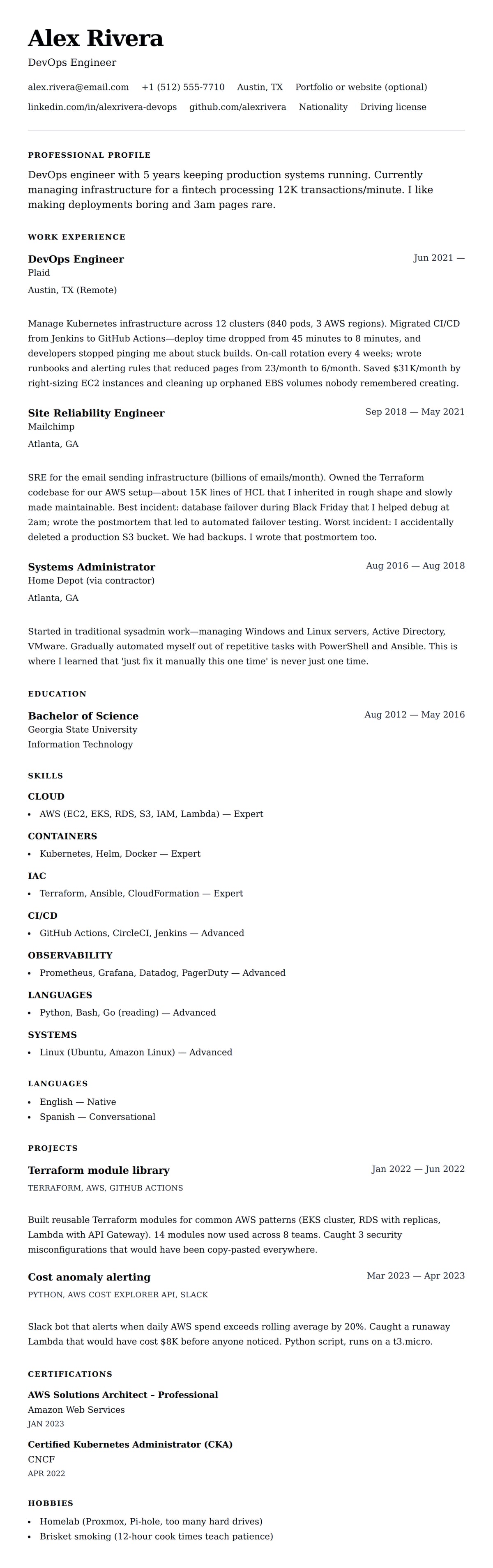 Resume preview for DevOps Engineer Resume Example