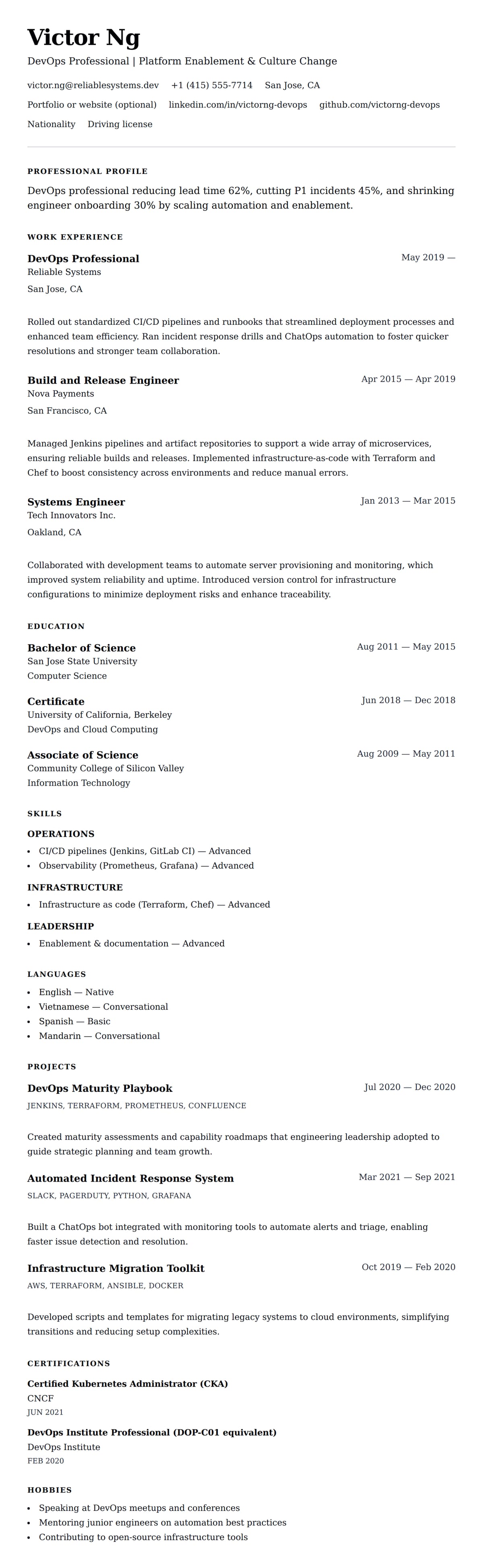 Resume preview for DevOps Professional Resume Example