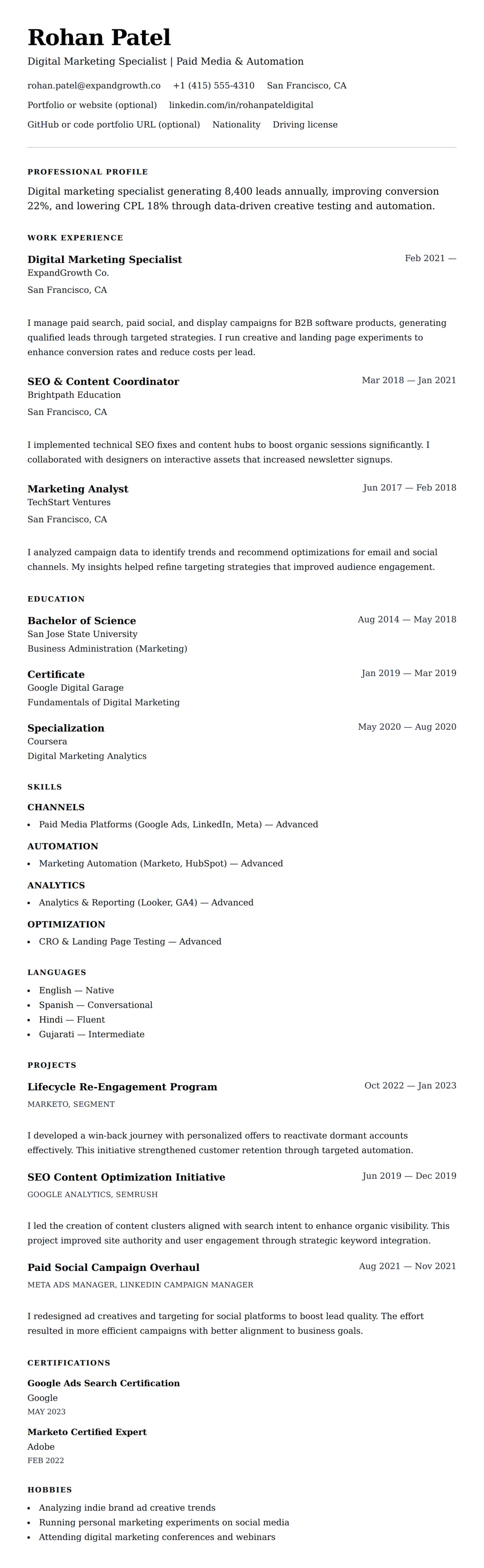 Resume preview for Digital Marketing Specialist Resume Example