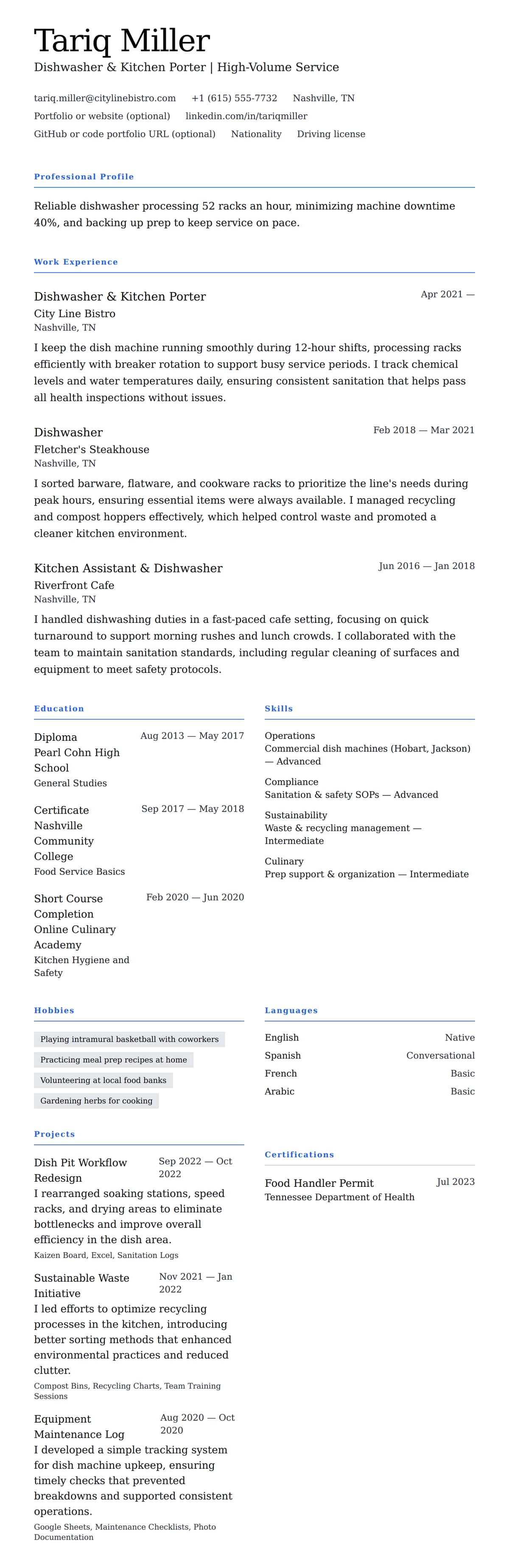 Resume preview for Dishwasher Resume Example