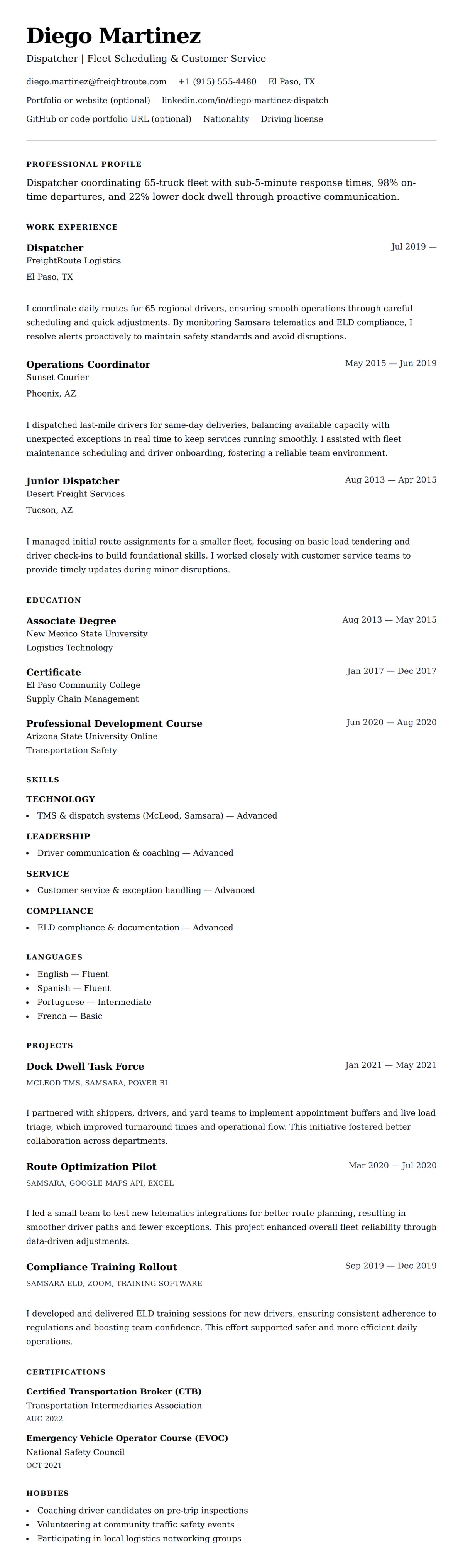 Resume preview for Dispatcher Resume Example
