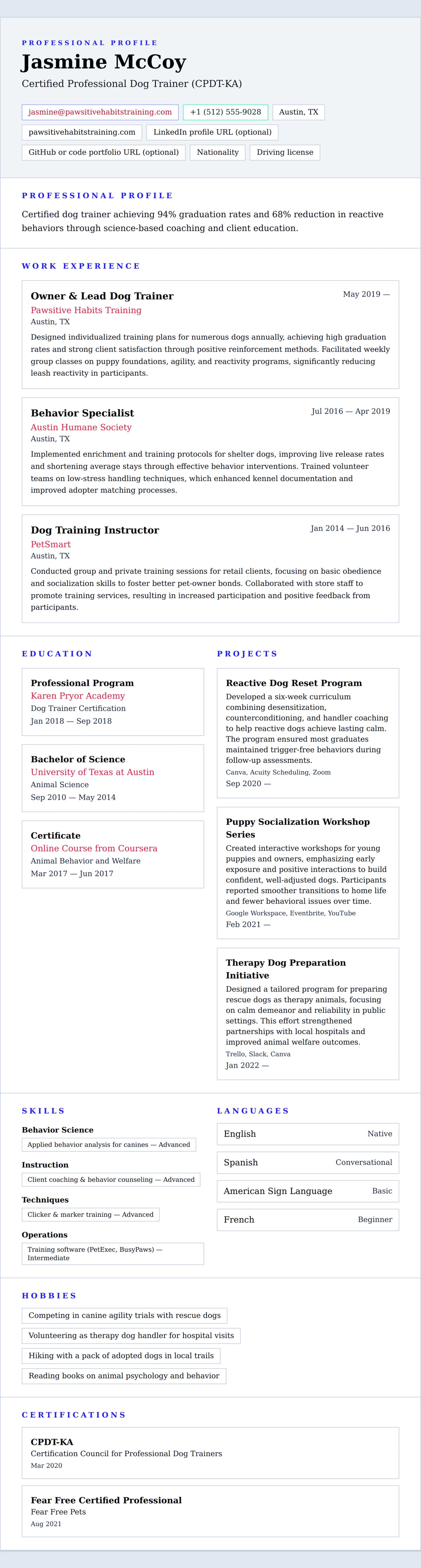 Resume preview for Dog Trainer Resume Example