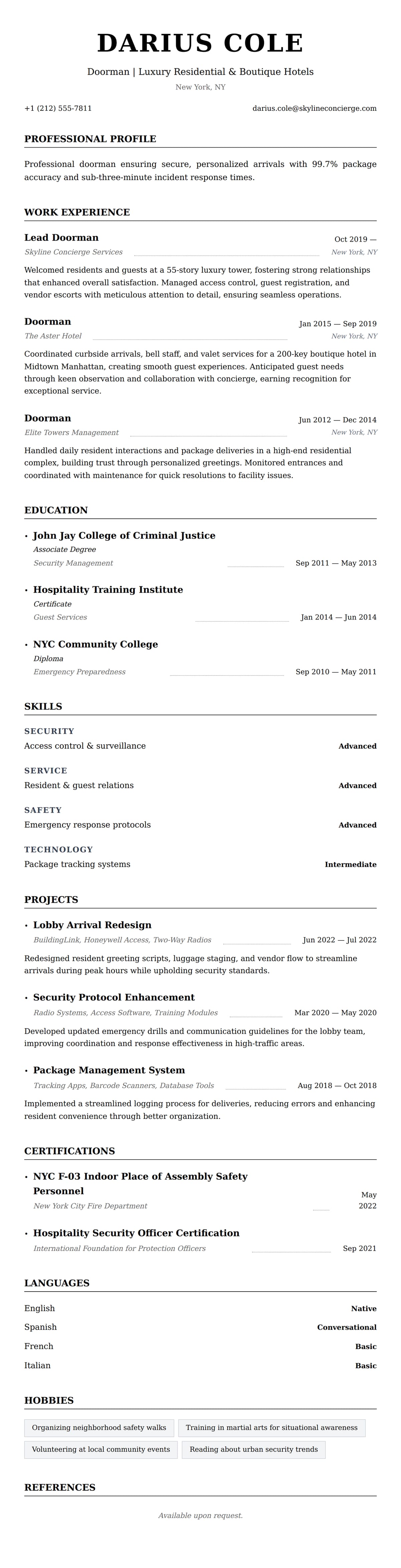 Resume preview for Doorman Resume Example