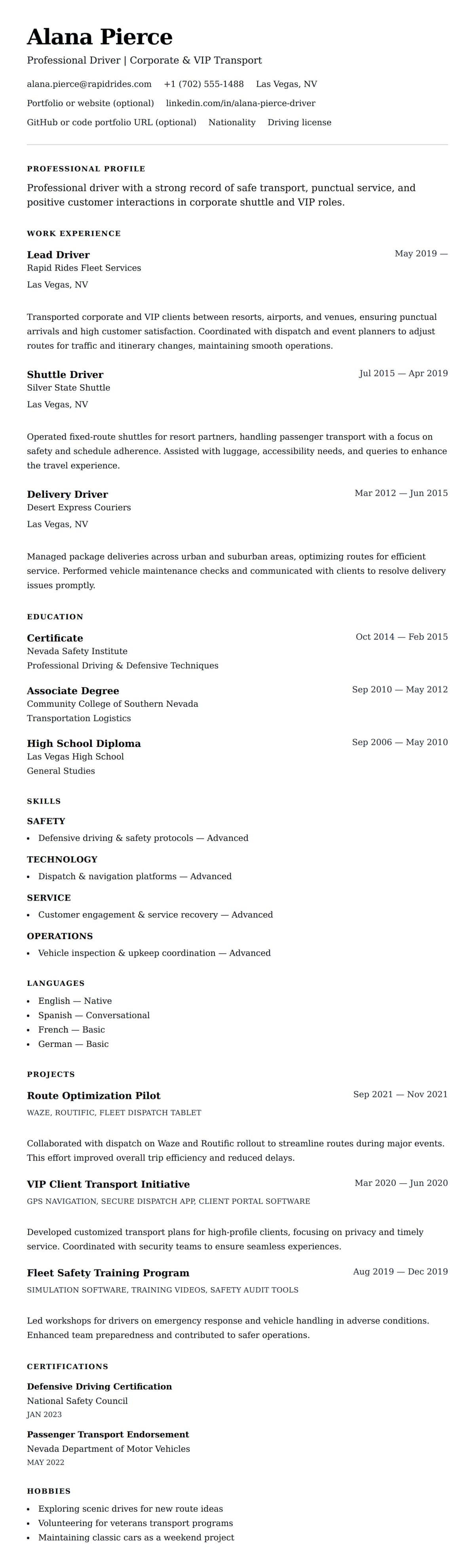 Resume preview for Driver Resume Example