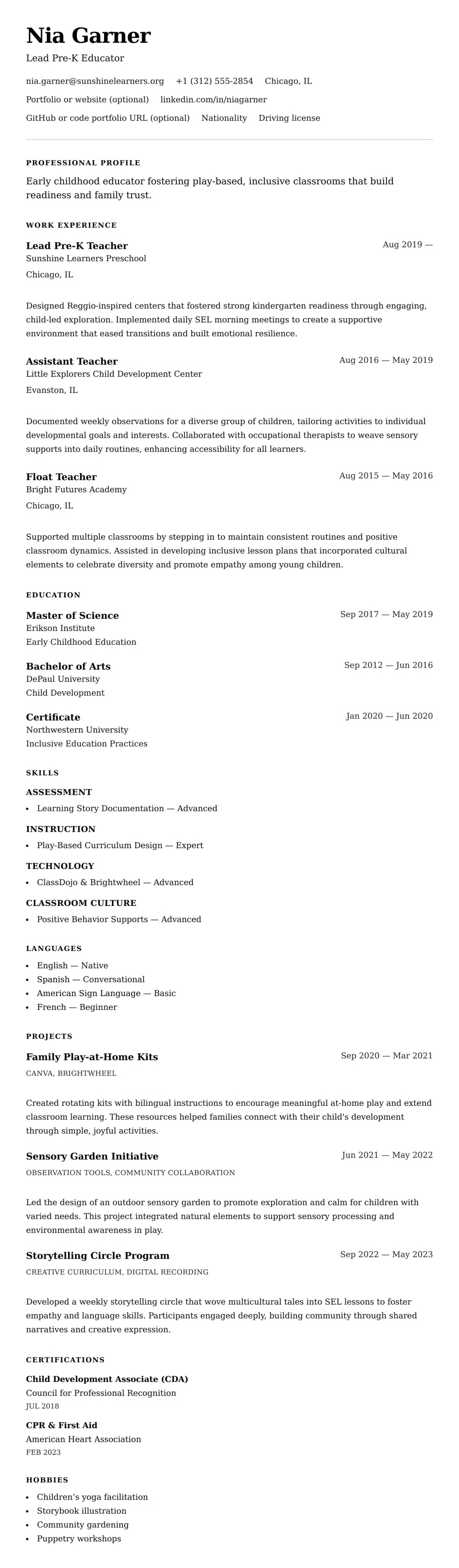 Resume preview for Early Childhood Educator Resume Example