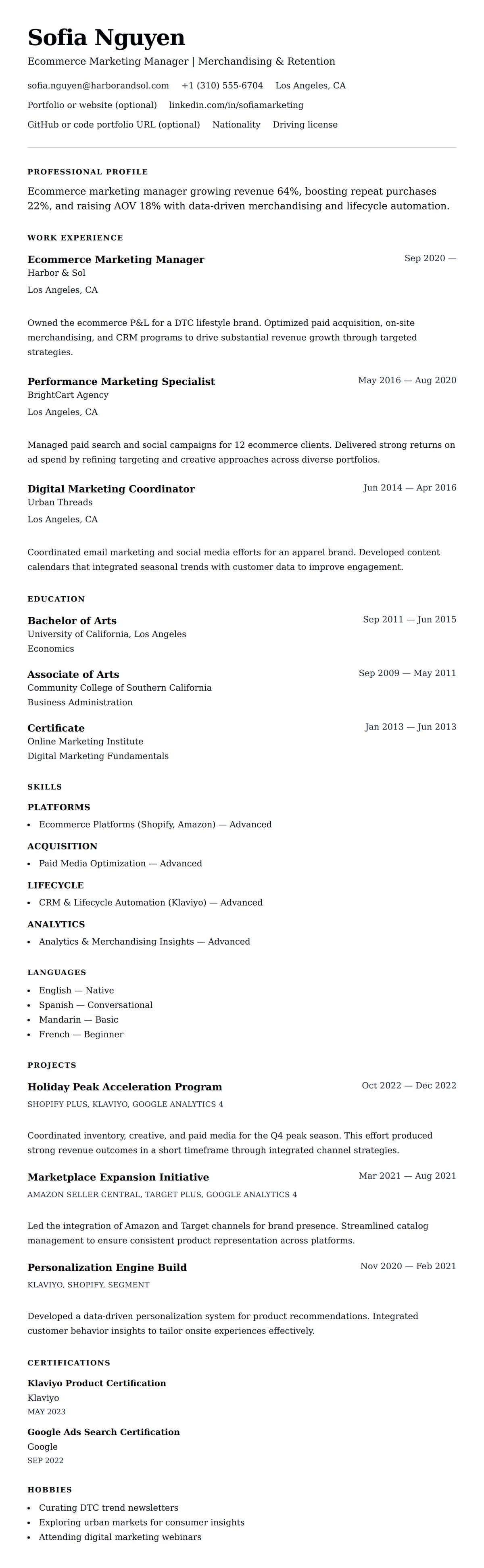 Resume preview for Ecommerce Marketing Manager Resume Example