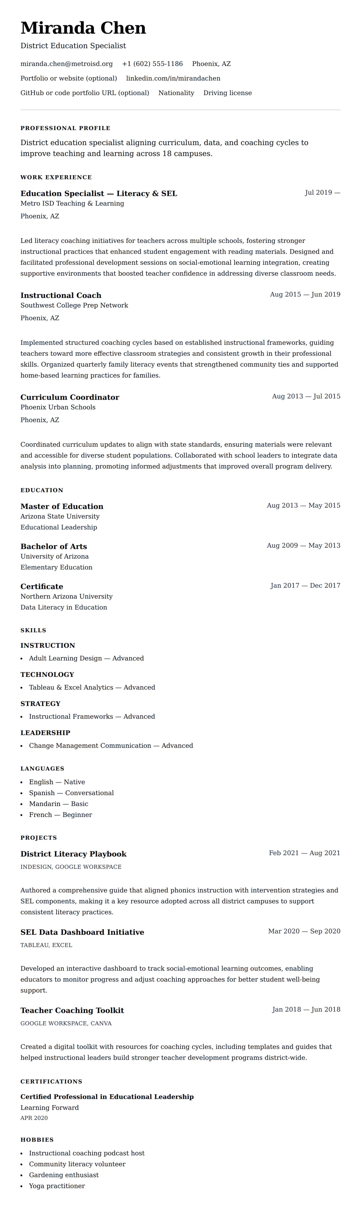 Resume preview for Education Specialist Resume Example