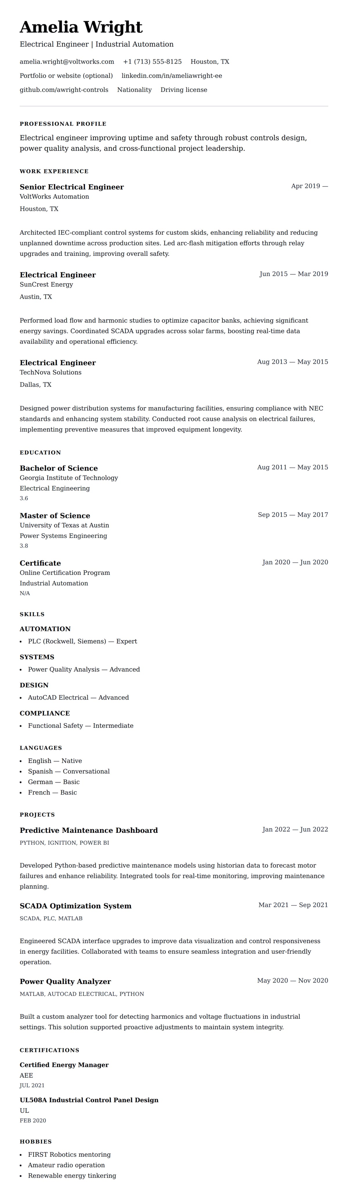 Resume preview for Electrical Engineer Resume Example