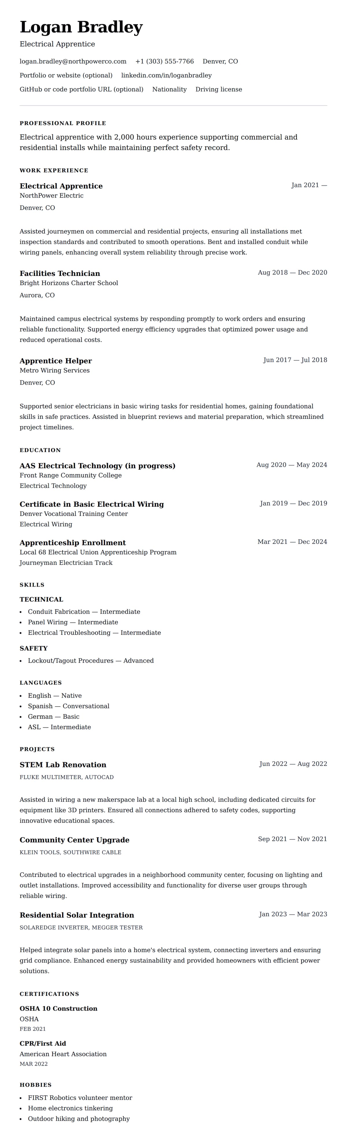 Resume preview for Electrician Apprentice Resume Example