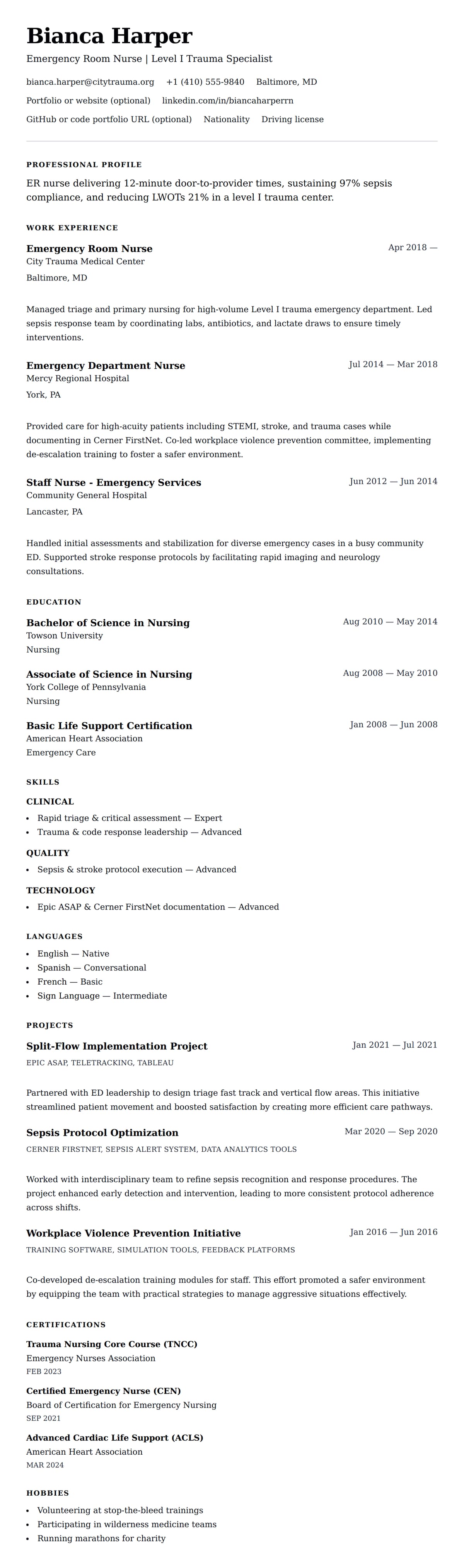 Resume preview for Emergency Room (ER) Nurse Resume Example